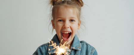 A joyful girl smiles brightly while holding a sparkler during a celebration. She wears a denim jacket and her hair is styled in playful buns. The atmosphere is cheerful and festive.の素材