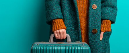 A woman dressed in a teal coat and orange sweater stands against a bright teal wall. She holds a stylish suitcase, ready for her next adventure on a cold day.の素材