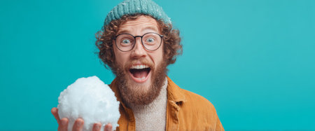 A man with curly hair and glasses is excitedly holding a snowball in his hand. He has on a green beanie and a cozy sweater, enjoying the playful moment in winter.の素材