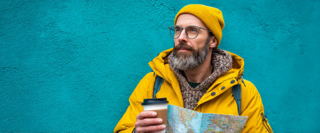 A man stands against a turquoise wall, wearing a yellow jacket and beanie. He holds a coffee cup in one hand and a map in the other, looking thoughtfully into the distance.の素材