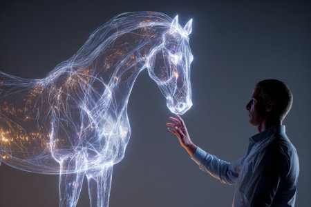 A man reaches out to touch a shimmering holographic horse that glows with light in a dark room. The scene captures a blend of technology and imagination during nighttime.の素材