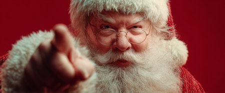 Santa Claus is dressed in his traditional red suit with a fluffy white trim. He has a jolly expression and is playfully pointing his finger, creating a festive atmosphere.の素材