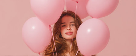 A young woman stands in a cheerful indoor space, her face partially hidden behind a cluster of pink balloons. She has wavy hair and a joyful expression.の素材