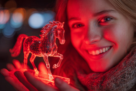 A smiling girl holds a red glowing horse sculpture with both hands. The background is filled with bright lights, creating a cheerful night atmosphere.の素材