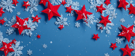 Colorful red stars and white snowflakes scatter across a blue background, creating a festive decoration scene perfect for winter celebrations and holiday events.の素材