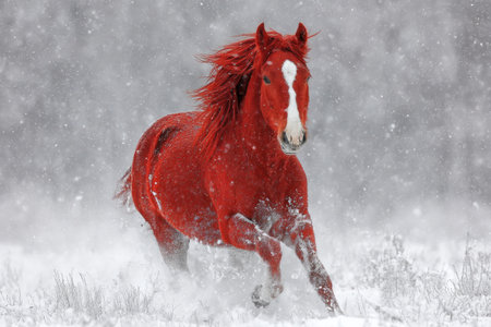 A striking red horse runs energetically through a snowy field, its mane flowing in the wind as snowflakes fall around it. The scene captures the beauty of winter and the spirit of freedom.の素材