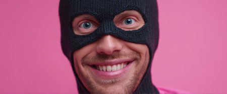A man with bright blue eyes and a wide smile wears a black ski mask, creating a playful atmosphere in front of a vibrant pink backdrop during a fun gathering.の素材