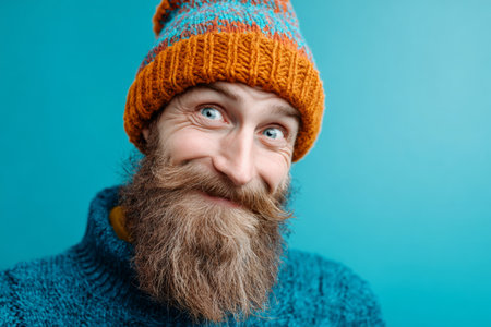 A happy man with a thick beard and bright blue eyes smiles warmly. He wears a colorful knit hat and a cozy blue sweater, creating a cheerful atmosphere in a simple setting.の素材