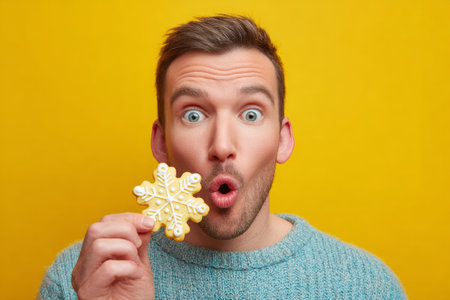A man with short hair shows enthusiasm while holding a snowflake-shaped cookie. His wide eyes and open mouth convey surprise in a cheerful setting with a yellow backdrop.の素材