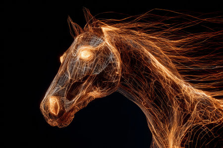 A majestic horse is captured in glowing lines that evoke motion and energy. The image features a dark background to enhance the vibrant illumination of the horses form.の素材