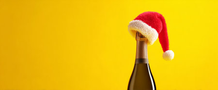 A champagne bottle is adorned with a playful red and white Santa hat, standing out against a vibrant yellow background. This festive scene is perfect for holiday gatherings and celebrations.の素材
