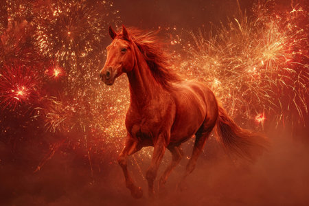 A stunning chestnut horse gallops gracefully against a backdrop of colorful fireworks lighting up the night sky. The scene captures a sense of freedom and celebration.の素材