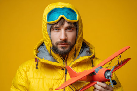 A man stands in a bright yellow jacket with a hood, holding a red toy airplane. He has ski goggles on his forehead, ready for winter activities in a cheerful environment.の素材