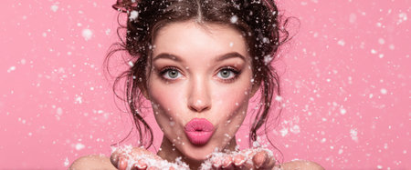 A young woman with playful makeup is blowing snowflakes from her hands on a bright pink background. This scene captures the joy of winter fun and beauty in a festive atmosphere.の素材