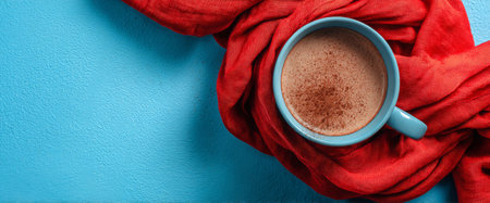 A blue cup filled with warm coffee sits on a bright blue surface. It is wrapped with a soft red scarf, creating a cozy and inviting atmosphere for a relaxing morning.の素材
