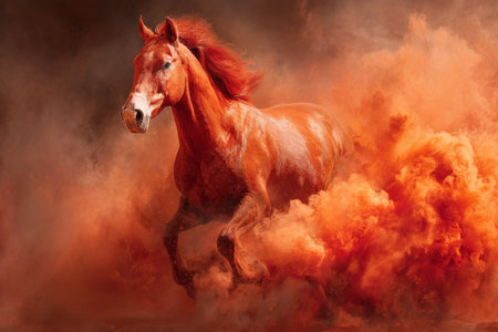 A powerful horse runs energetically through a thick cloud of orange dust, creating a stunning visual scene filled with motion and color, capturing the spirit of freedom and strength.の素材