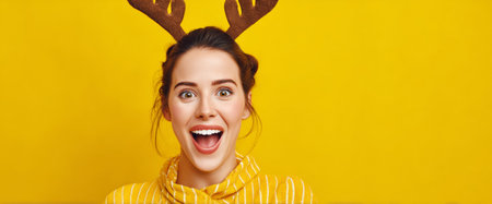 Woman with brown hair wearing a cozy yellow sweater smiles widely while sporting fun reindeer antlers. Bright yellow background enhances the cheerful mood.の素材
