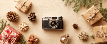 A vintage camera sits at the center, surrounded by wrapped holiday gifts, pine cones, and festive decorations. This cozy scene captures the spirit of the holiday season beautifully.の素材