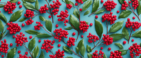 Bright red berries with green leaves are artistically arranged against a blue background. This colorful display highlights the beauty of nature and seasonal changes.の素材