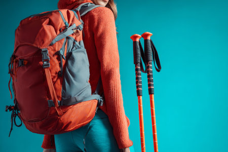 A young person stands against a bright blue background, wearing an orange sweater and carrying a large backpack. Trekking poles lean beside them, suggesting readiness for outdoor adventures.の素材
