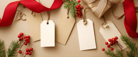 Decorative gift wrapping setup includes blank tags, red ribbon, evergreen branches, and vibrant berries, perfect for festive celebrations and personal touches.の素材