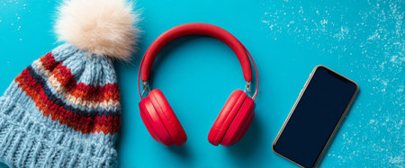 A cozy winter scene features a knitted blue hat with a pom-pom, bright red headphones, and a smartphone resting on a vibrant blue background. Perfect for music lovers.の素材