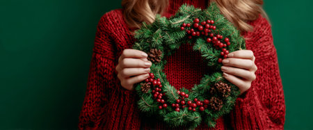 A woman is presenting a festive Christmas wreath decorated with red berries and pinecones. She is wearing a cozy red sweater and stands in front of a rich green backdrop, capturing the holiday spirit.の素材