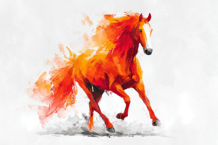 A bright orange horse is in motion, showing its strength and spirit. Colorful splashes surround it, emphasizing the dynamic energy of the scene at an art event.の素材