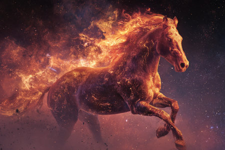 A powerful horse with flames surrounding its body races through a galaxy filled with stars and colorful light. The scene is dramatic and visually captivating, showing strength and beauty.の素材