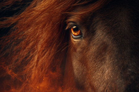 A close view of a horses eye reveals its deep expression amid vibrant orange and red flames. The wild mane adds to the powerful aura in this striking composition.の素材