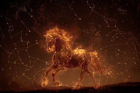 A powerful horse is depicted galloping across a dark landscape, glowing with fiery patterns. Stars and constellations illuminate the night sky, creating a magical atmosphere.の素材