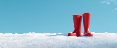 Two bright red rain boots rest on a bed of white snow against a clear blue sky, highlighting a playful winter scene in a peaceful outdoor setting.の素材