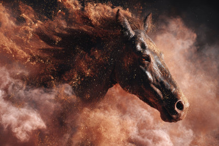 A powerful horse can be seen breaking through swirling clouds of dust and smoke. The scene conveys intensity and movement, capturing the animals strength and beauty.の素材