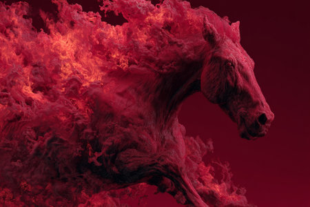 A powerful red horse appears to gallop through vibrant flames, showcasing a blend of energy and artistry. The scene captures movement and intensity in a captivating way.の素材