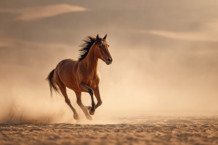 A brown horse gallops gracefully through a sandy desert as the sun sets. Dust particles swirl in the warm light, capturing a moment of freedom and beauty in nature.の素材