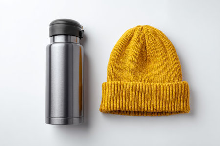 A vibrant yellow knit beanie sits next to a sleek stainless steel thermos on a clean white surface. Both items are perfect for staying warm and hydrated during outdoor adventures in chilly weather.の素材