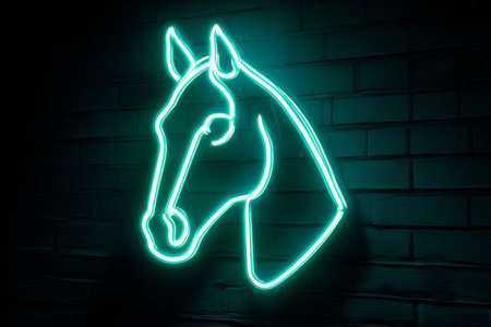 A neon sign of a horse head glows on a dark brick wall. Its bright turquoise light contrasts sharply with the dark background, adding a lively touch to the setting.の素材