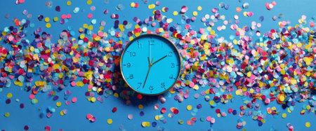 A vivid blue clock displays the time in the center of a scatter of colorful confetti. The backdrop is a solid blue, creating a festive atmosphere. This scene captures a celebratory mood.の素材