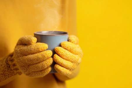 Warm hands in colorful gloves cradle a steaming cup, capturing the comfort of a chilly day. The cheerful yellow backdrop adds a vibrant touch to the cozy scene.の素材
