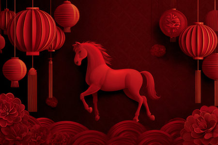 A vibrant red paper-cut design shows a horse surrounded by hanging lanterns and floral decorations, representing festivity and good fortune during a cultural celebration.の素材
