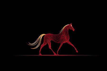 A stunning horse walks with poise, outlined in bright red and yellow lines against a black backdrop. The glowing design highlights its elegant form and movement.の素材
