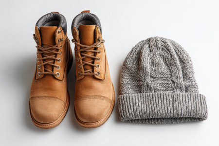 Stylish tan boots sit next to a soft gray knitted hat on a light background. Perfect setup for winter fashion. Ideal for staying warm and comfortable during cold days.の素材