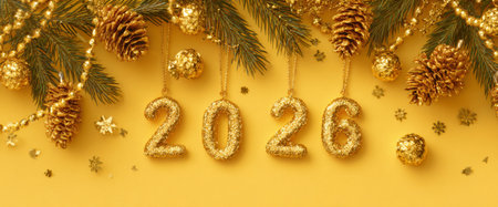 Bright gold numbers 2026 are surrounded by festive decorations like pine cones and ornaments, set against a vibrant yellow backdrop that reflects holiday cheer.の素材