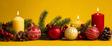 Vibrant holiday decorations feature red and gold ornaments alongside flickering candles and pine branches on a bright yellow backdrop, evoking a warm and joyful Christmas spirit.の素材