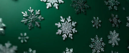 Snowflakes of various sizes drift across a deep green surface. The intricate designs of the snowflakes evoke a sense of winter magic, celebrating the holiday season.の素材