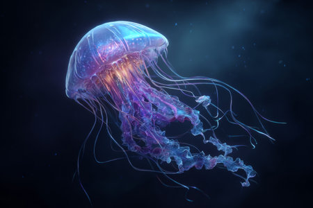 A vibrant jellyfish glides effortlessly through the dark waters, its translucent body illuminated with shades of purple and blue. Long tentacles trail behind in a serene scene.の素材