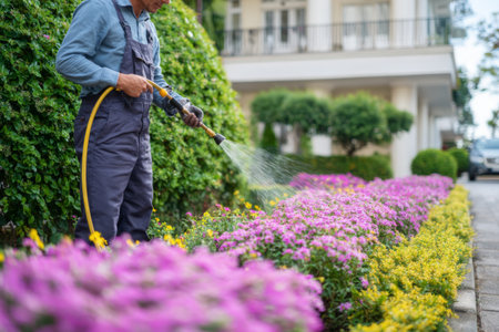 A dedicated gardener uses a hose to water vibrant pink and yellow flowers along a neatly arranged garden path on a sunny day, showcasing a lush outdoor setting.の素材