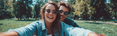 Two young friends smile broadly in a green park on a sunny day. They wear sunglasses and casual outfits, sharing a moment of happiness together.の素材