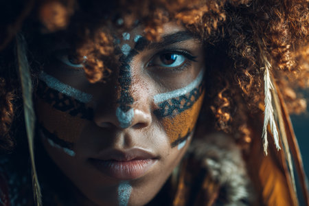 A close-up view of a young person with vibrant curly hair decorated with colorful traditional face paint. The intricate designs reflect cultural heritage and storytelling.の素材