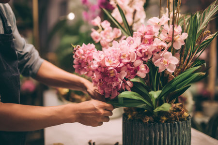 A person carefully arranges pink orchids in a vase inside a cozy flower shop. The warm atmosphere reflects creativity and passion for floral design.の素材